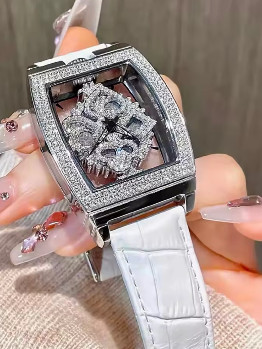 Diamond-Accented White Crystal Skull Women's Watch